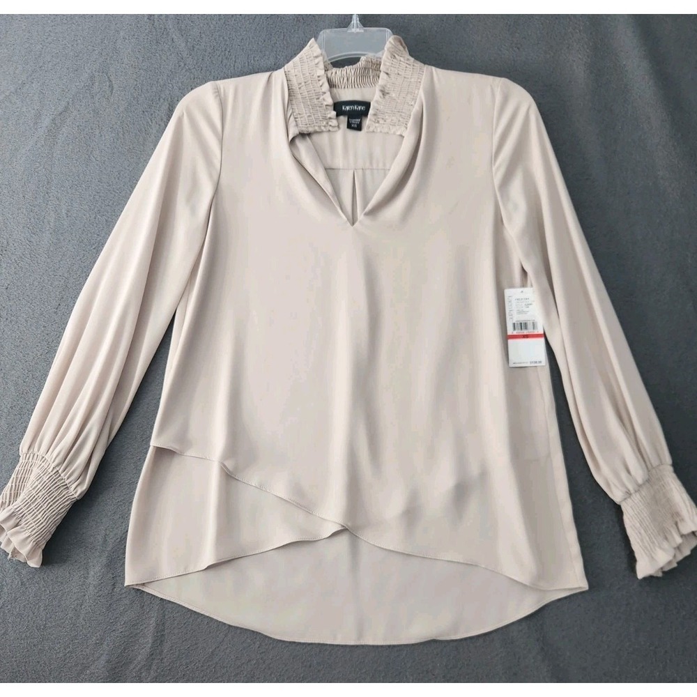 NWT Karen Kane Tan Crossover Hem V-neck High Low Blouse Long Sleeve XS Smocked